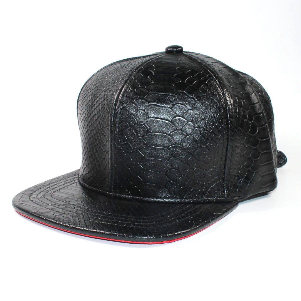 Wholesale Black Snakeskin PU Leather Common Fabric 6-Panel Fashion Cap-Logo Embroidered Adjustable Strapback Hat for Unisex