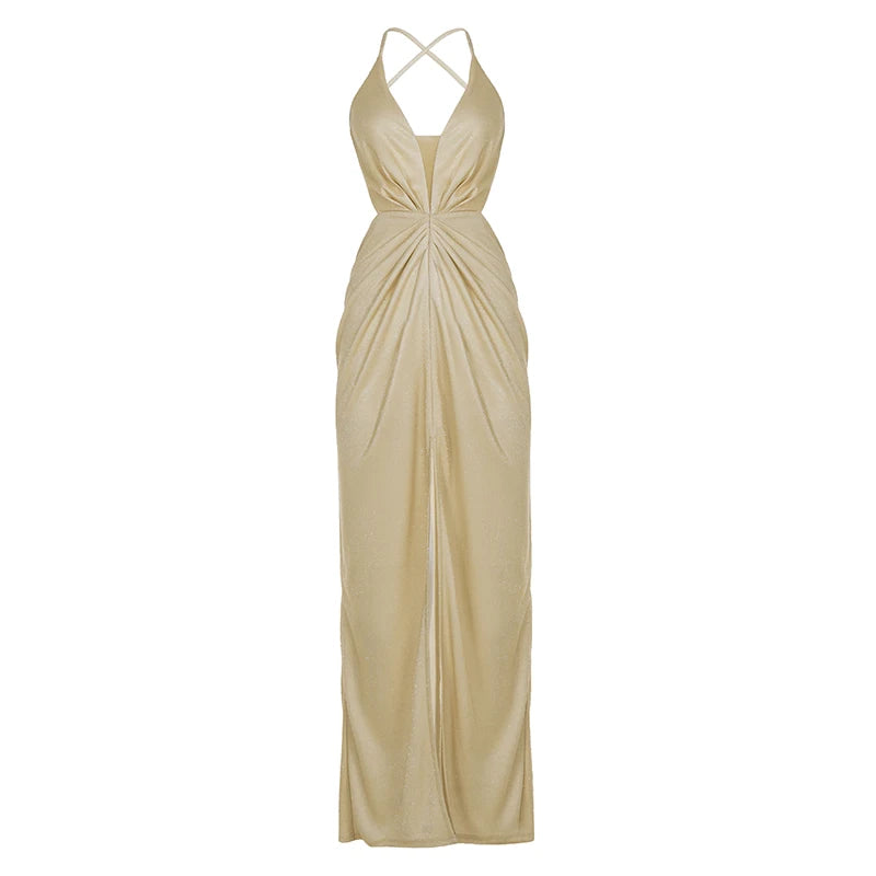 Stunning V-Neck Slinky Straight Maxi Dress Cut-Out High Slit Sequins-Long Spaghetti Strap Backless Sexy Evening Gown Breathable