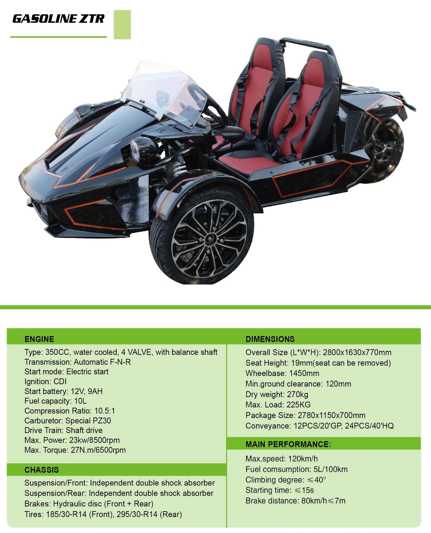 Zhenhua 350CC Adult ZTR Tricycle Roadster ATV 1000W 4-stroke Engine Manual/Automatic Shaft Drive Gas/Electric Equipped