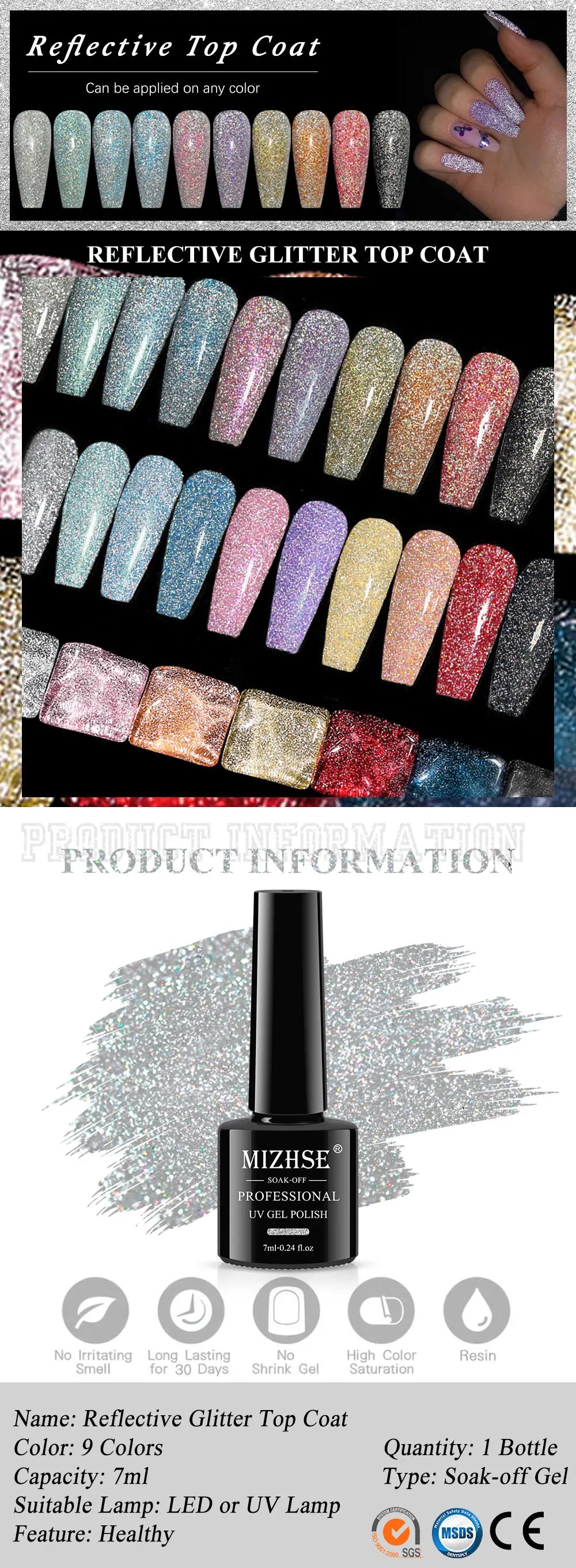 MIZHSE 7ML Reflective Top Coat Gel Nail Polish Shiny Glitter Vernis Semi Permanent Varnish Nail Gel Polish for Manicure Nail Art