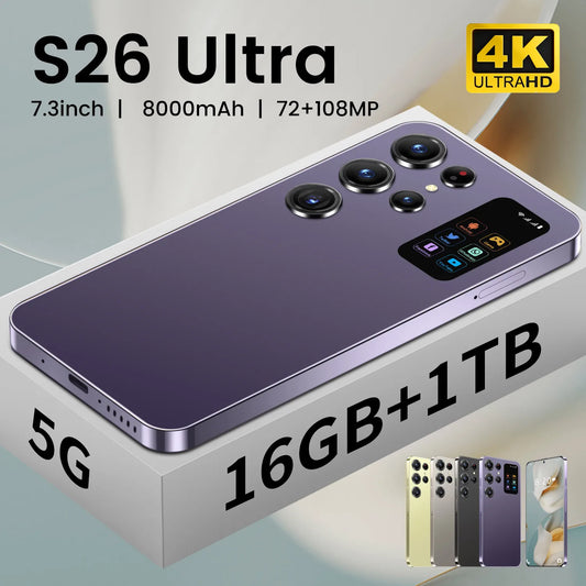 Face Recognition Unlock Original S26 Ultra 5G Smart Mobile Phone 7.3-inch HD Screen 16GB RAM+1TB Storage Deca Core Processor