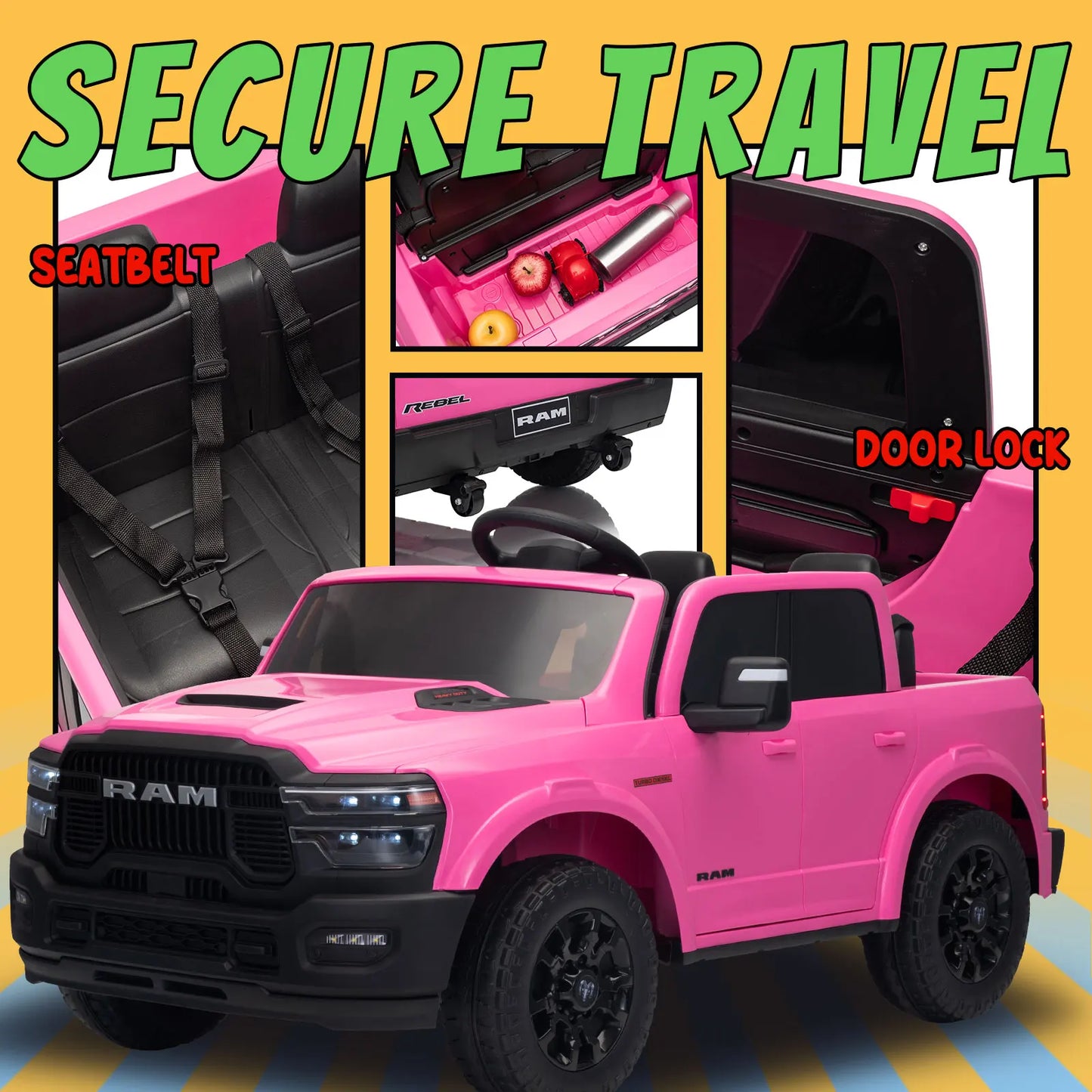 KerryYoo SQ7 Licensed RAM 24V Ride on Truck for Big Kids, 2 Seater Electric Car with Remote Control, Storage Bed - Pink