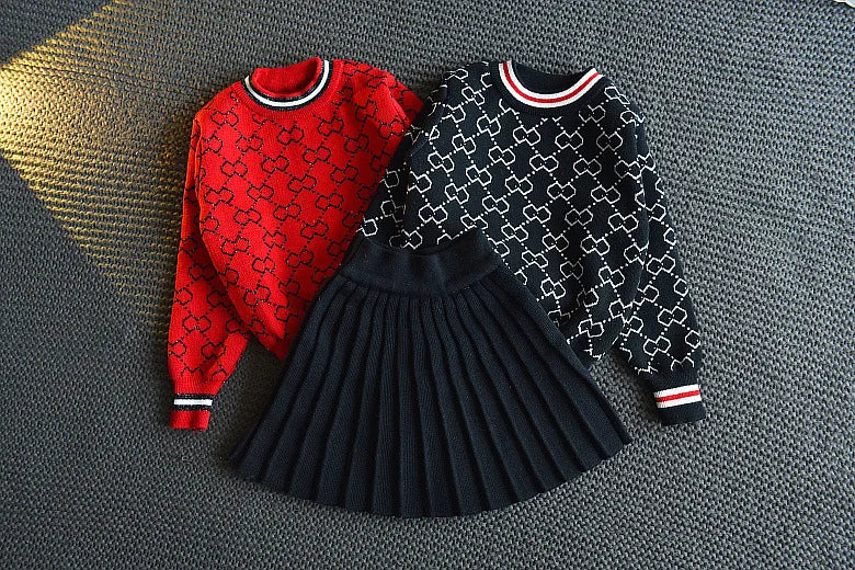 2025 Spring Autumn New Style Custom Print 2-Piece Set for Kids Sweet Cotton Sweater with Pleated Skirt for Little Girls