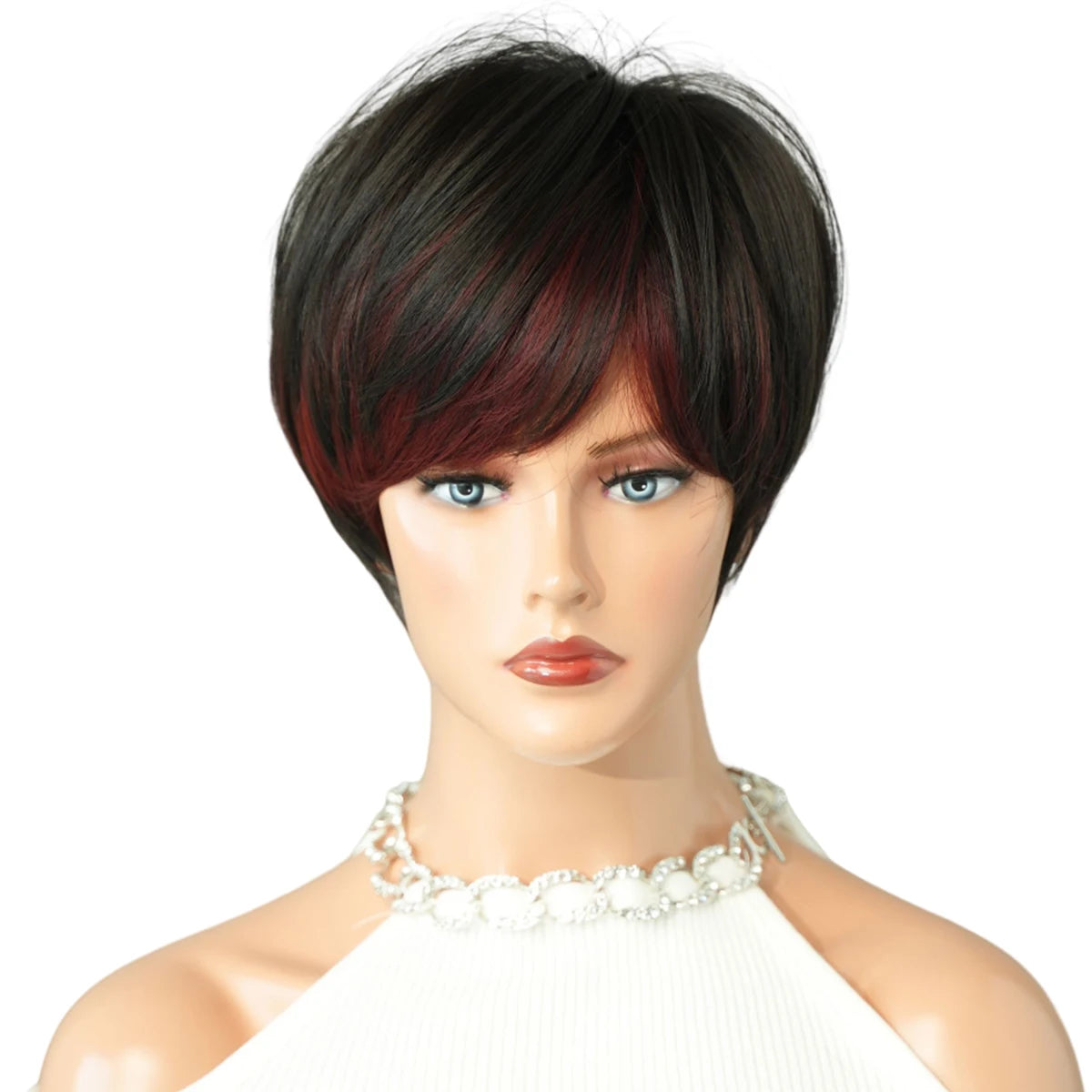Pixie Cut Hair Wigs with Bangs Ombre Red Color Wigs Cute Natural Looking Short Black and Burgundy Layered Wavy Wigs for Women