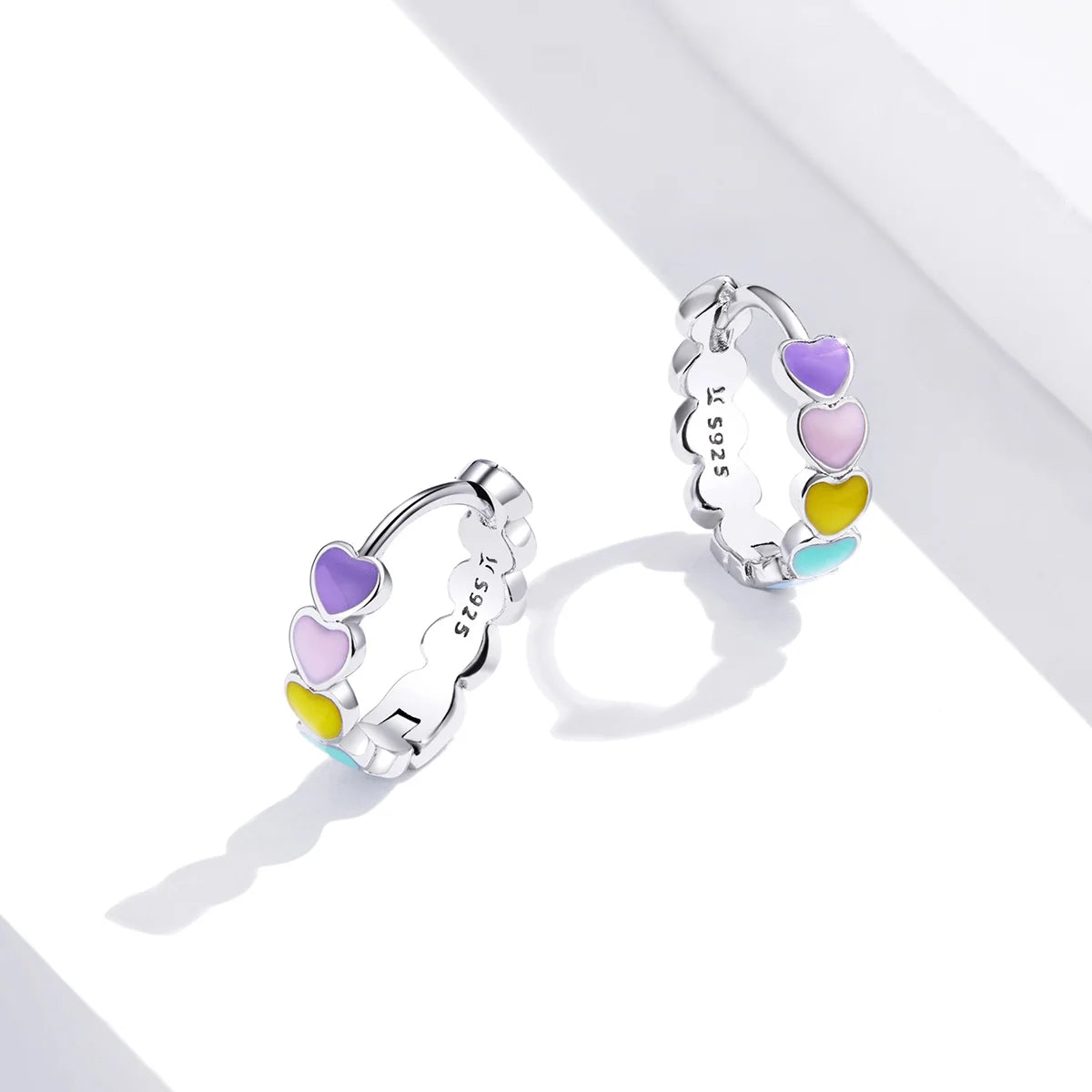 Genuine 925 Sterling Silver Women Multicolor Enamel Heart Hoop Earrings Rainbow Trend Jewelry for Girl Gift SCE909