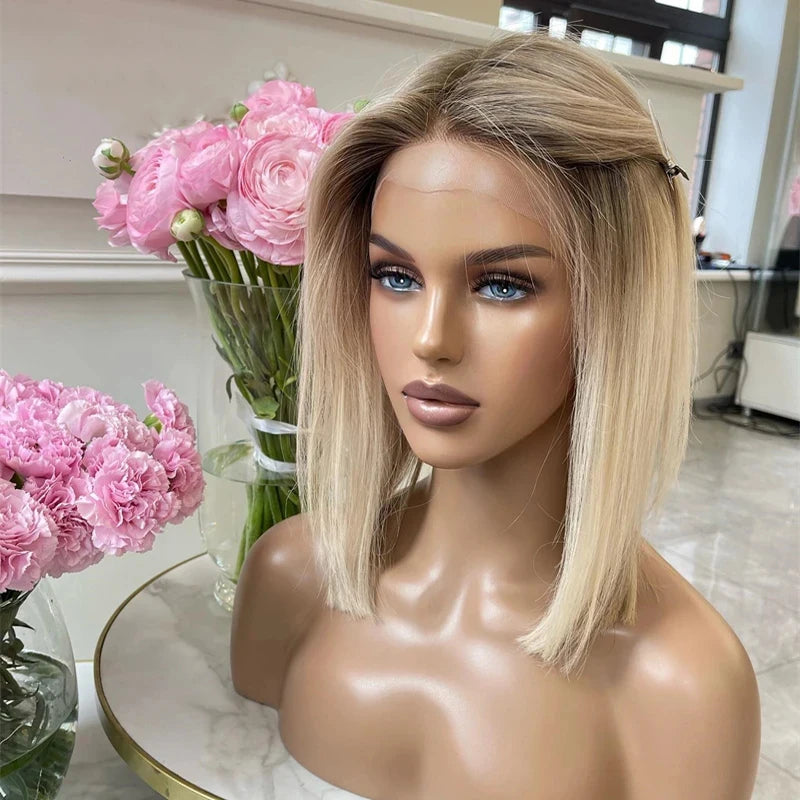 Ombre Blonde Lace Front Human Hair Wigs 100%Brazilian Virgin Hair Glueless Short Bob Wigs for Woman