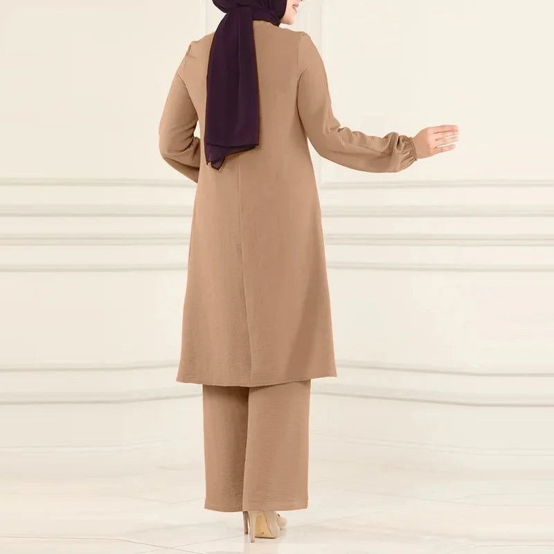 S-5XL Muslim Women's Clothing Solid Round Neck Sequin Shirt Long Sleeved and Fashionable Casual Muslim Suit With Long Pants