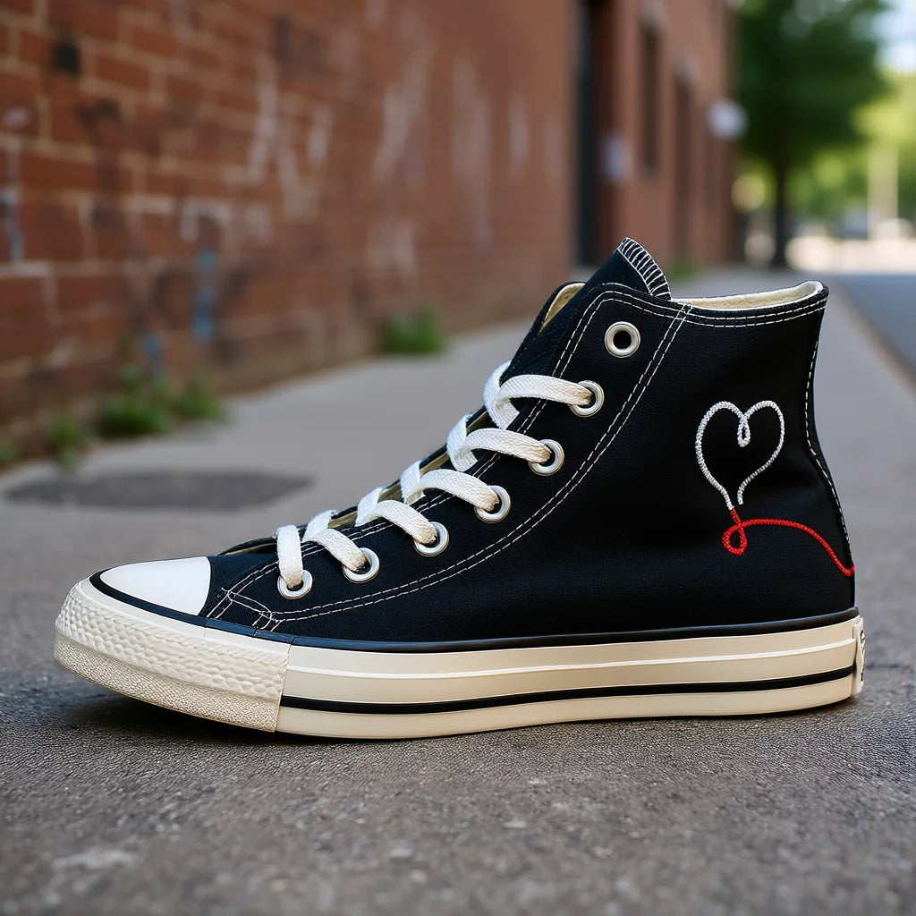 For for for Hi Black Canvas Sneakers Heart Embroidered Lace up Unisex Casual Shoes 100% Authentic