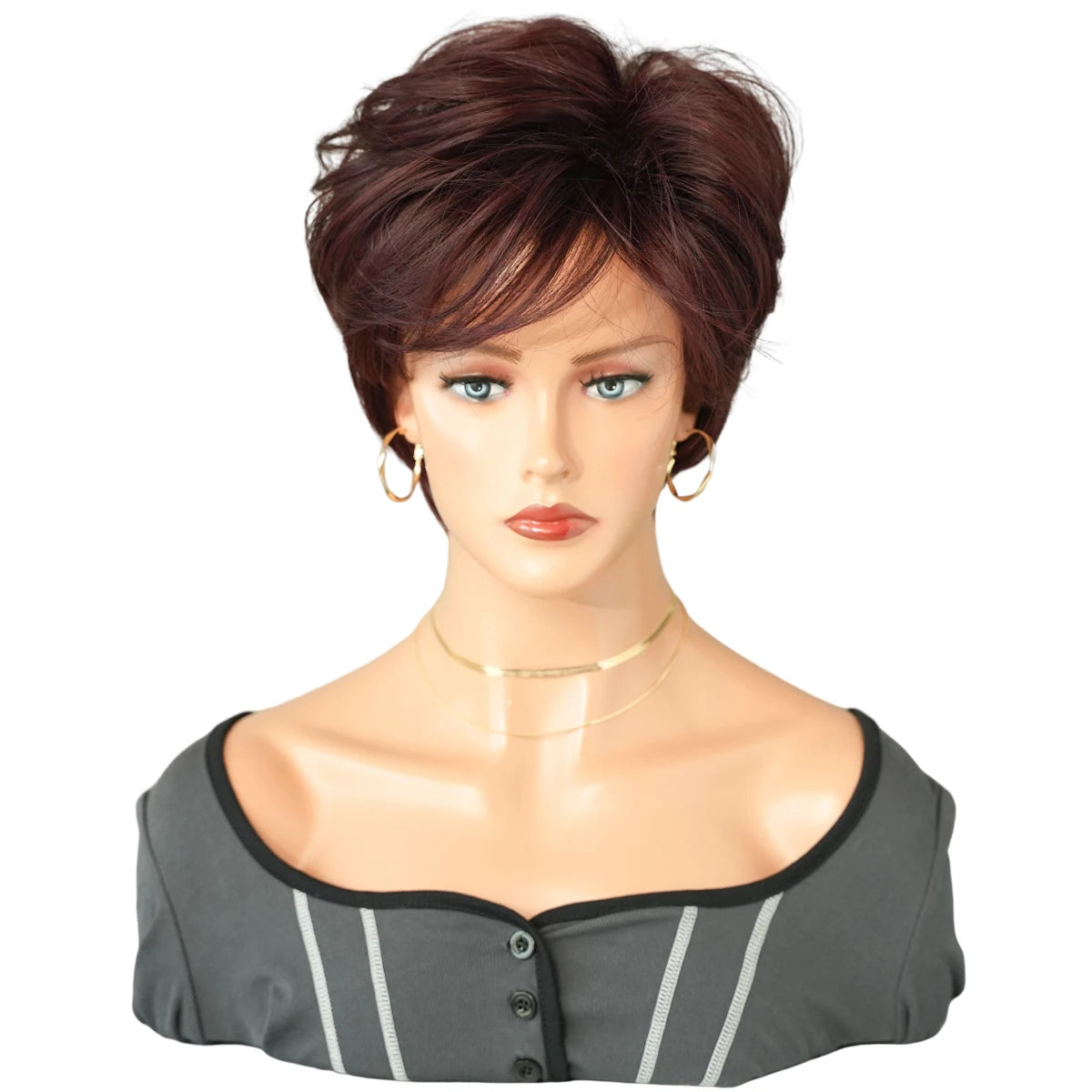 Pixie Cut Hair Wigs with Bangs Ombre Red Color Wigs Cute Natural Looking Short Black and Burgundy Layered Wavy Wigs for Women