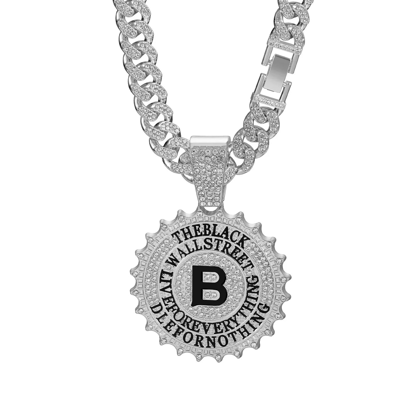 CJH Hip Hop Brand Men's Full Diamond Cuban Necklace Round B Diamond Letter Pendant Long Chain for Gift Cross-Border Supply