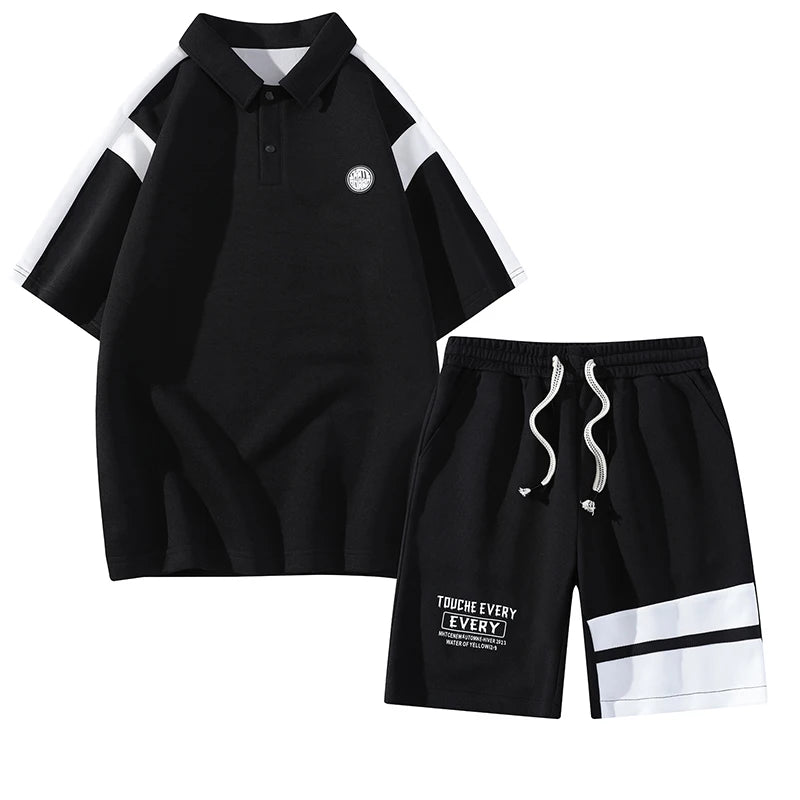 ANZKTN Summer Men's POLO Hoodie Set Trend Loose Student Casual Sports T-shirt