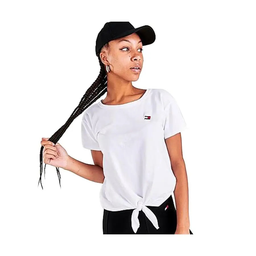 Tommy Hilfiger Cap Sleeve Logo Tee W/ Tie Womens Active Shirts & Tees Color: White | 100% Authentic