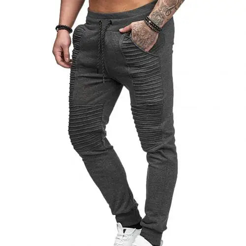 Fashion Men Solid Color Drawstring Elastic Waist Sport Pleated Pants Trousers Elastic Waist Sport Pleated Pants Trousers