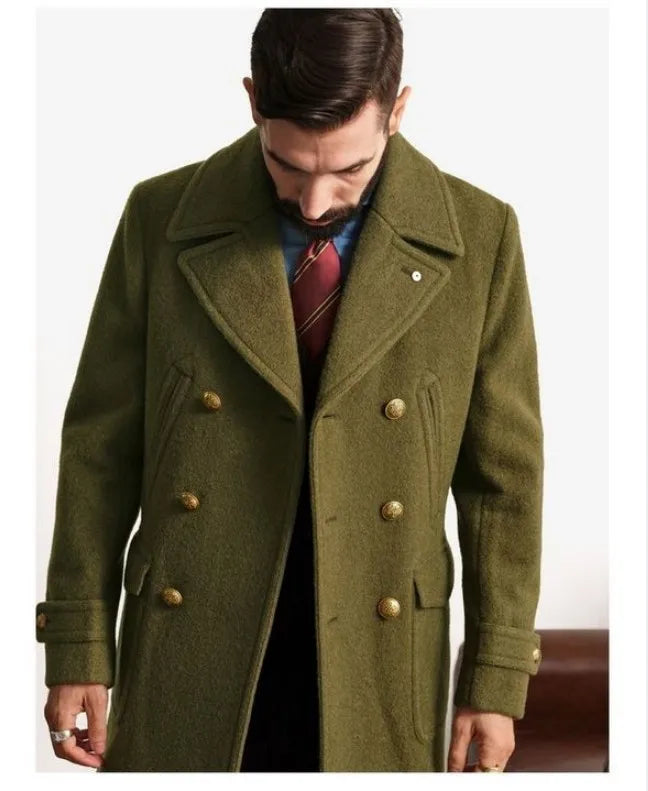 Fashion Men Fall Winter Trench Coat Long Sleeve Coat Notch Collar British Style Mid Length Men Jacket