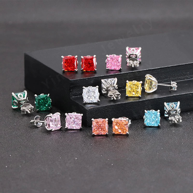 18K Gold Plated High Carbon Diamond Stud Earrings Classic Style Ice Crushed CZ Stobnes S925 Radiant for Anniversaries