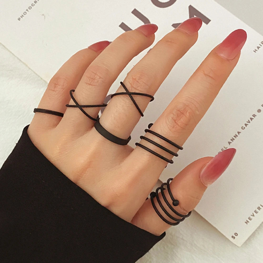 Punk Black Finger Rings For Women Men Simple Chain Ring Set Fashion Rings 2026 Trend Friend Gifts Party Knuckle Jewelry Party