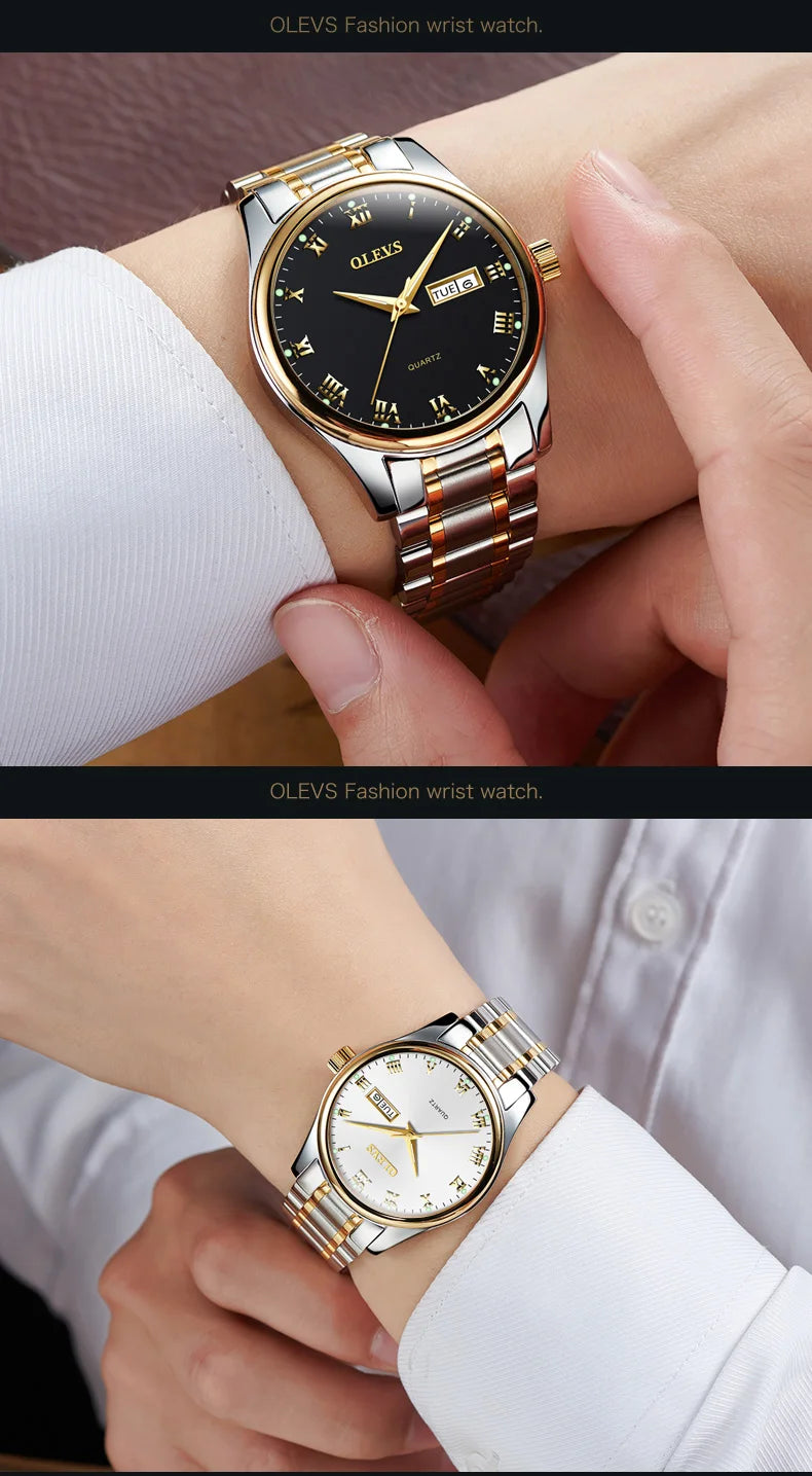 OLEVS Brand Wristwatch Fashion Business Couple Quartz  a Pair  Watch Stainless Steel Waterproof Luminous Watch for Men and Women