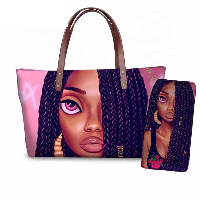 Custom Printed Women Bag Handbags African Girls Printing Purse and Handbags 2pcs Set Shoulder Tote Bag Females Summer Beach Bags