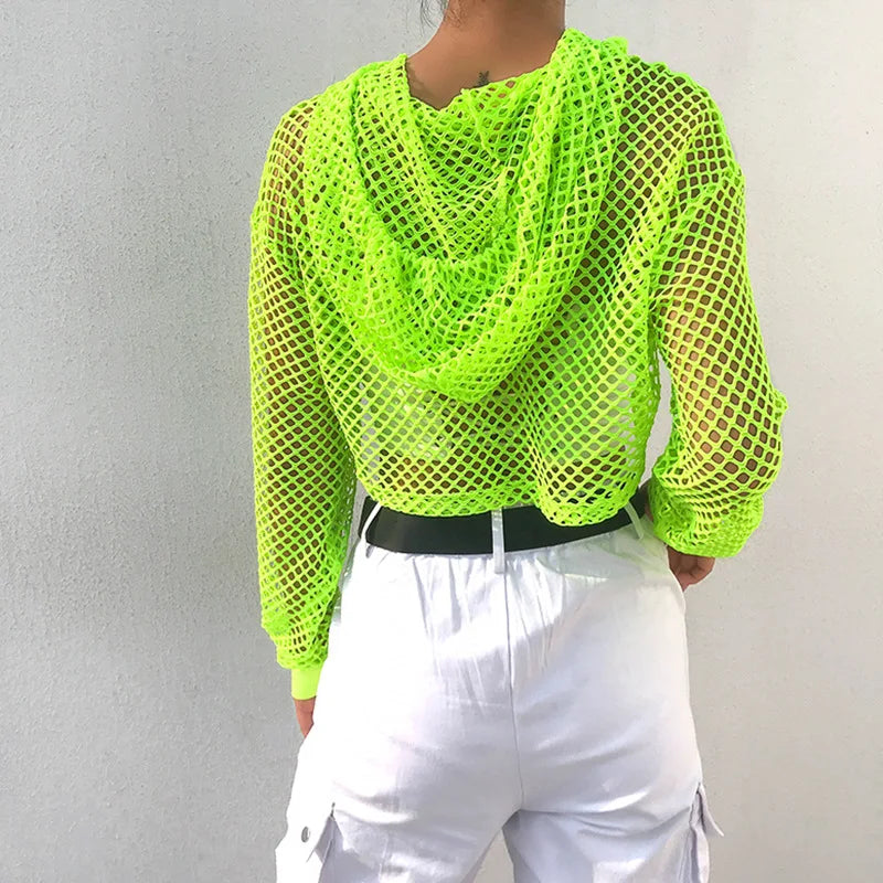 2022 New Spring  Streetwear Neon Green Mesh Fishnet Top Women Tshirt Perspective Long Sleeve Women's T-shirts Sexy Cropped Shirt