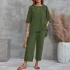 S-4XL Summer Plus Size Women Cotton Loose Elegant Short Sleeve Trousers Two-piece Set Solid Color Breathable Women Casual Suits
