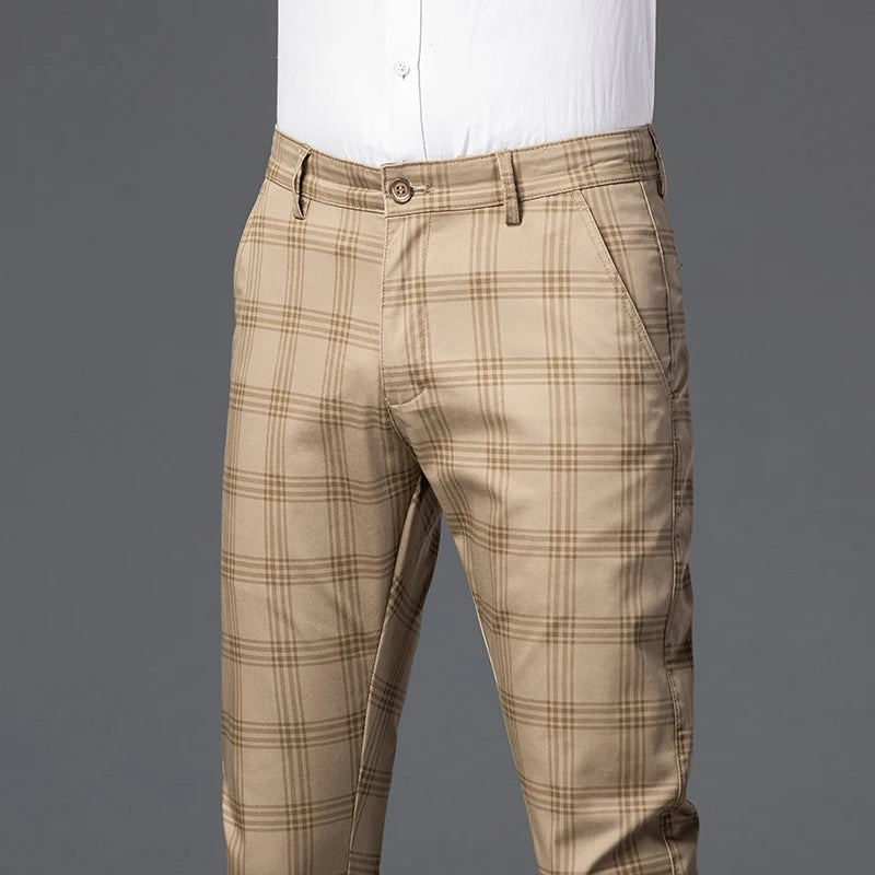 2025 Spring New Men's Plaid Casual Pants Business Fashion Slim Stretch Male Skinny Trousers Brand Clothes 7 Color