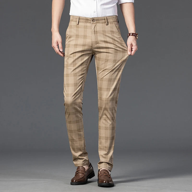 2025 Spring New Men's Plaid Casual Pants Business Fashion Slim Stretch Male Skinny Trousers Brand Clothes 7 Color