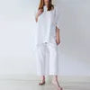 S-4XL Summer Plus Size Women Cotton Loose Elegant Short Sleeve Trousers Two-piece Set Solid Color Breathable Women Casual Suits