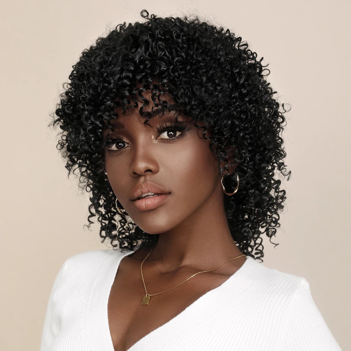 Short Curly Afro Wigs for Black Women, Soft & Natural Kinky Curly Wig, Glueless Synthetic Wig with Bangs, Natural Black Wig 16"