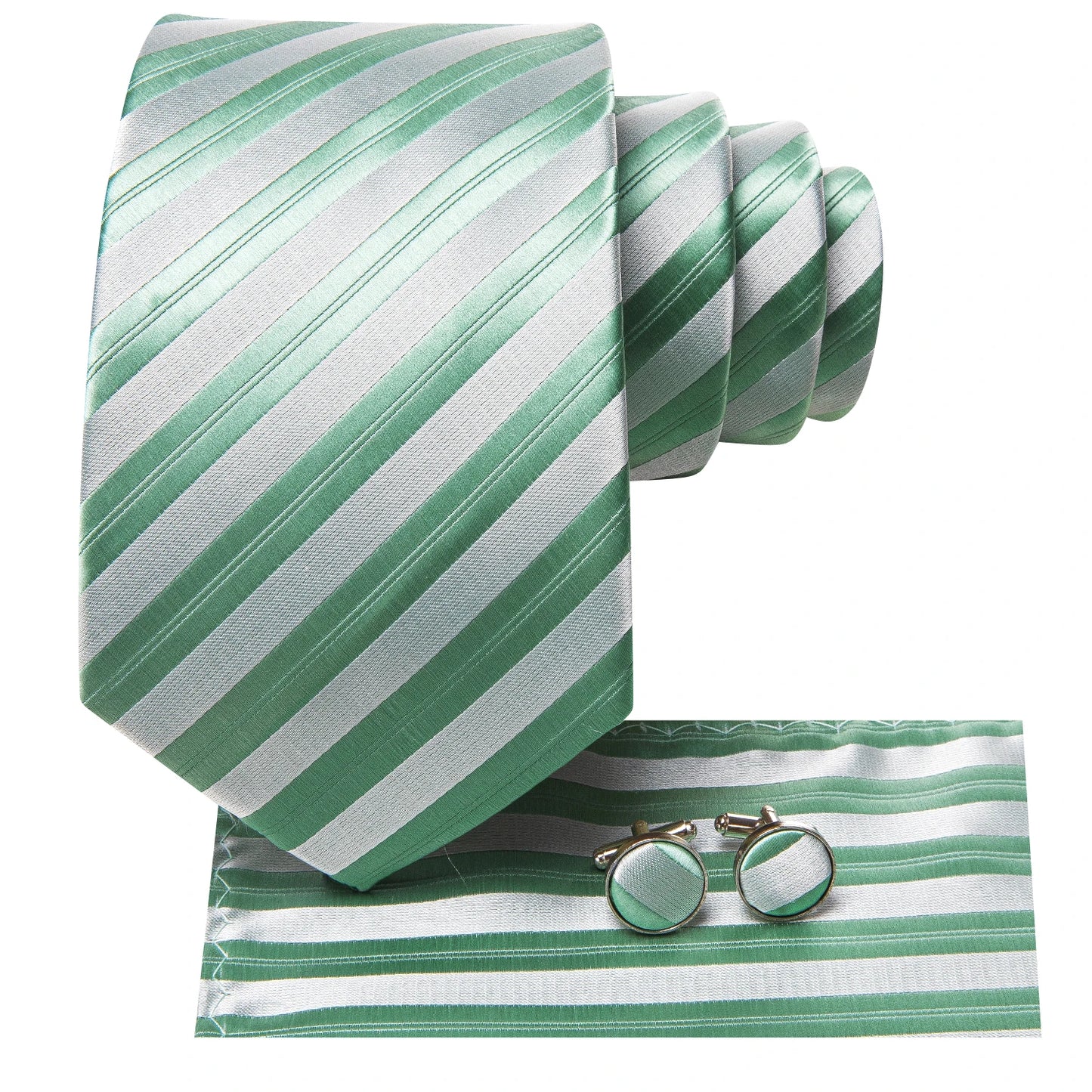 Free Shipping Men's Green Stripe Tie Classic Wedding Necktie and Pocket Square Cufflinks Set