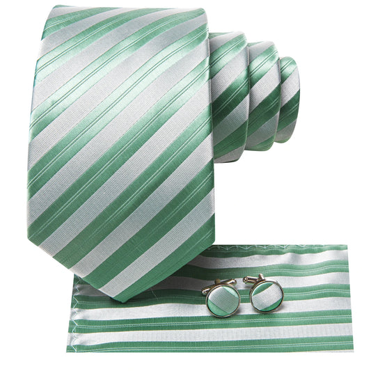 Free Shipping Men's Green Stripe Tie Classic Wedding Necktie and Pocket Square Cufflinks Set