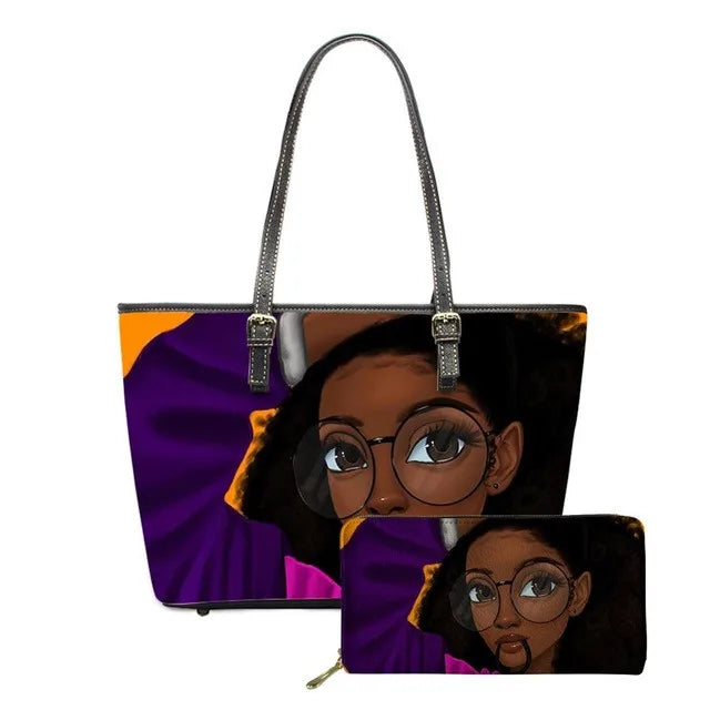Women's Luxury Cute Afro African Girls Printed PU Leather Water Resistant Zipper Closure Tote Bag Custom Big Fancy Handbag Set