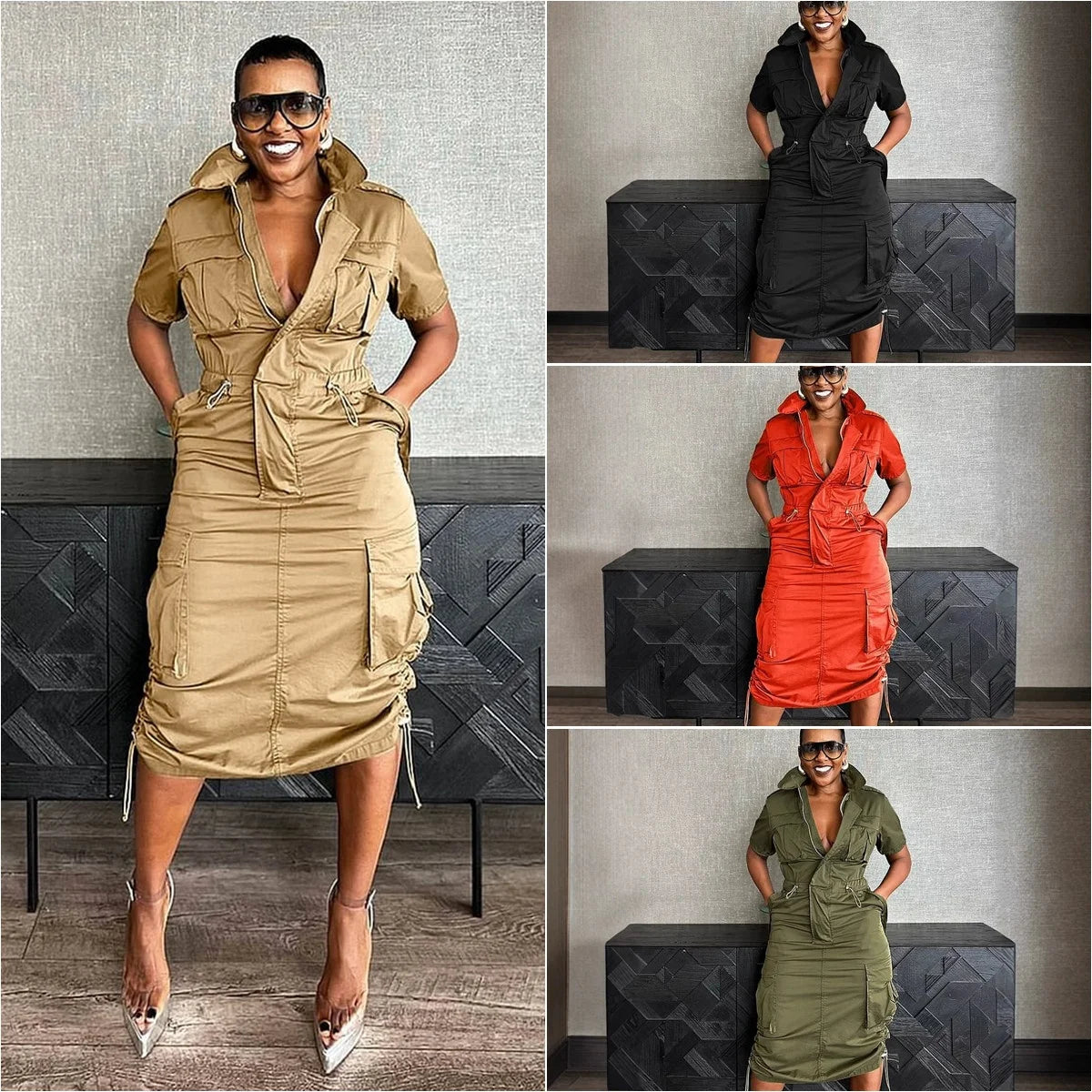 K3320 High-Quality Streetwear Casual Dresses Women Multiple Pockets Drawstring Cargo Summer  Dress for Women