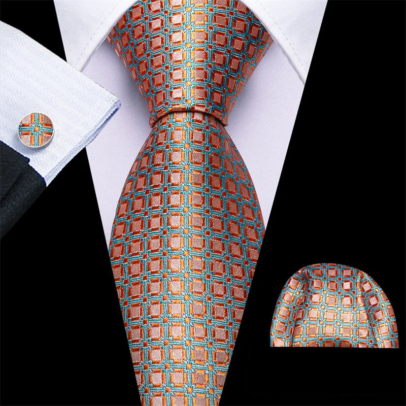 High Quality Luxury Business Fashion Men Gift Orange Plaid Checked Tie Jacquard Woven Silk Necktie Pocket Square Cufflinks Set