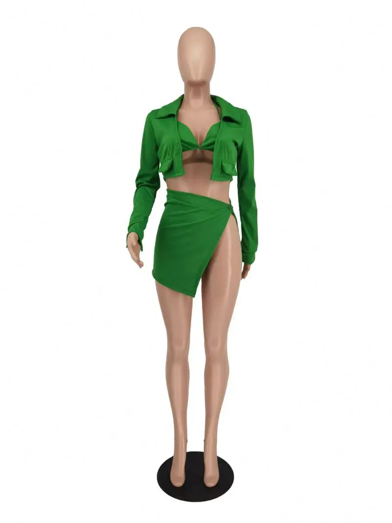 YP 2024 Women's Sexy 3-Piece Club Outfit Set Bra Short Skirt Coat with Unique Cuff and Hole Decorations above Knee Length