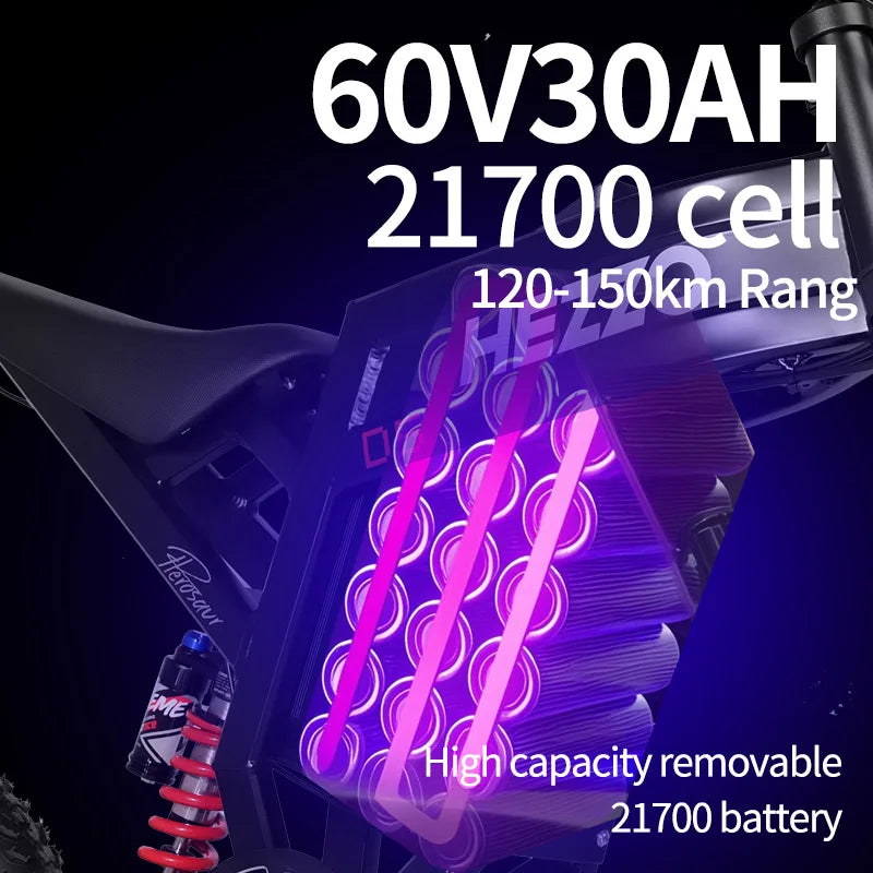 US EU Stock HEZZO D5 60V 3000W Electric Bike Off-road 43Mph 20Inch Fat Tire Ebike 30Ah Removable 150Km Cross Electric Dirt Bike