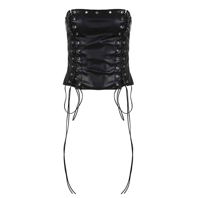 Women's Punk Style Sexy Club Short Solid Color Woven PU Leather Grommet Lacing Hollow Eco-Friendly Anti-Pilling Collarless Tank