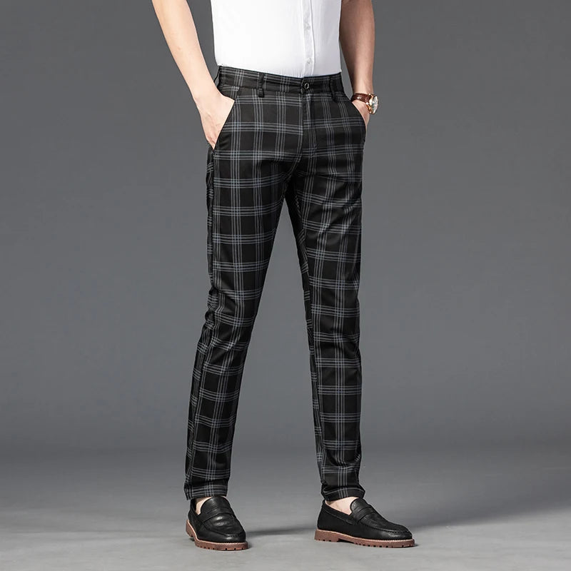 2025 Spring New Men's Plaid Casual Pants Business Fashion Slim Stretch Male Skinny Trousers Brand Clothes 7 Color
