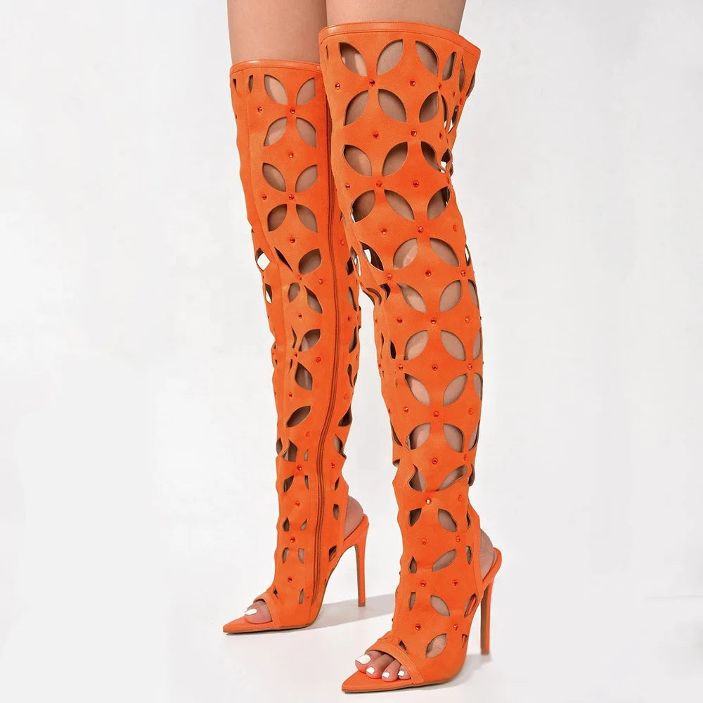 Women Wholesale Suede Cut Out Over Knee High Boots Peep Toe Stiletto Heels Diamonds Shoes Side Zipper Summer Long Booties