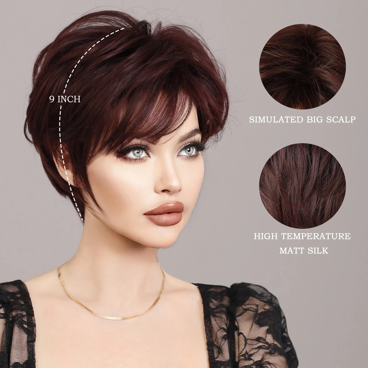 Pixie Cut Hair Wigs with Bangs Ombre Red Color Wigs Cute Natural Looking Short Black and Burgundy Layered Wavy Wigs for Women