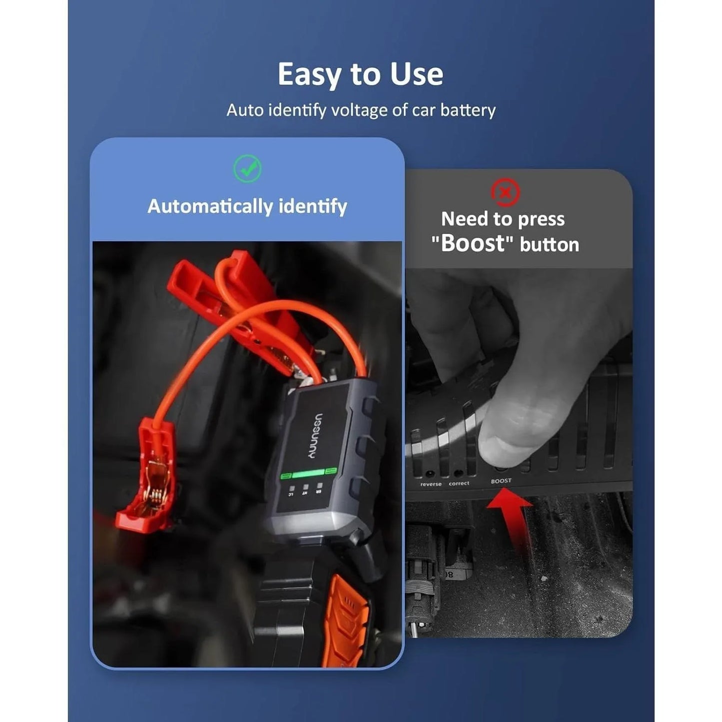 2000mah Jump Starter - 2000A Smart Car Battery Booster Pack with UltraSafe Lithium Battery, Portable Jump Box with LED Light/USB