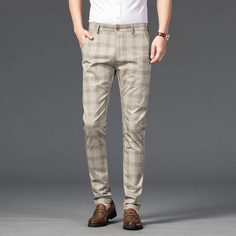 2025 Spring New Men's Plaid Casual Pants Business Fashion Slim Stretch Male Skinny Trousers Brand Clothes 7 Color