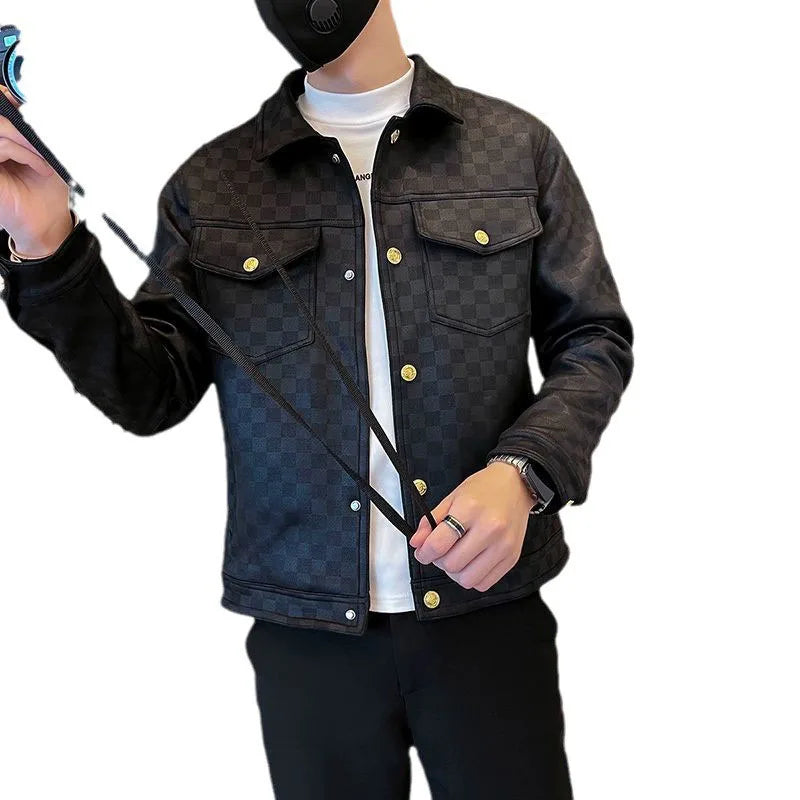 2025 Autumn Winter Suede Plaid Jacket for Men Lapel Slim Fit Casual Business Bomber Jacket Social Streetwear Windbreaker Coat