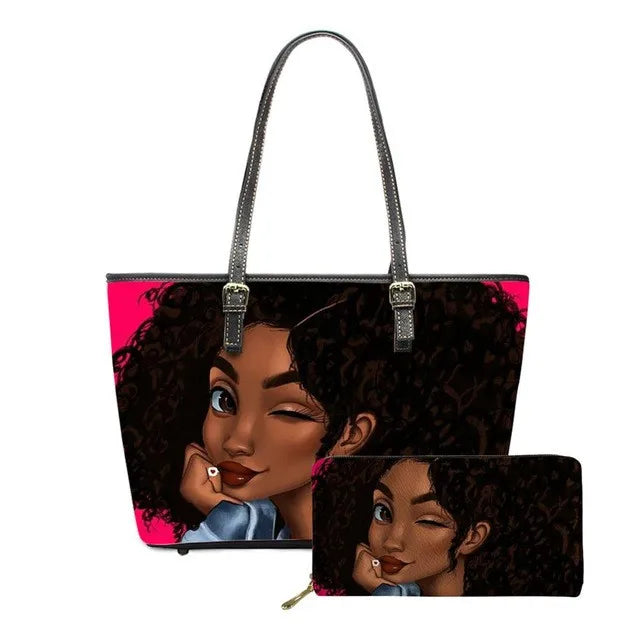 Women's Luxury Cute Afro African Girls Printed PU Leather Water Resistant Zipper Closure Tote Bag Custom Big Fancy Handbag Set