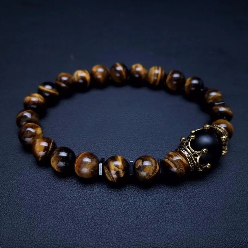 Charm Bracelet for Men Fashion Luxury Antique crown High quality Tiger eye stone bead Bracelets Jewelry Male Pulseira bileklik