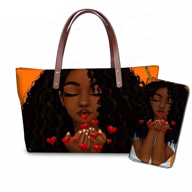 Custom Printed Women Bag Handbags African Girls Printing Purse and Handbags 2pcs Set Shoulder Tote Bag Females Summer Beach Bags