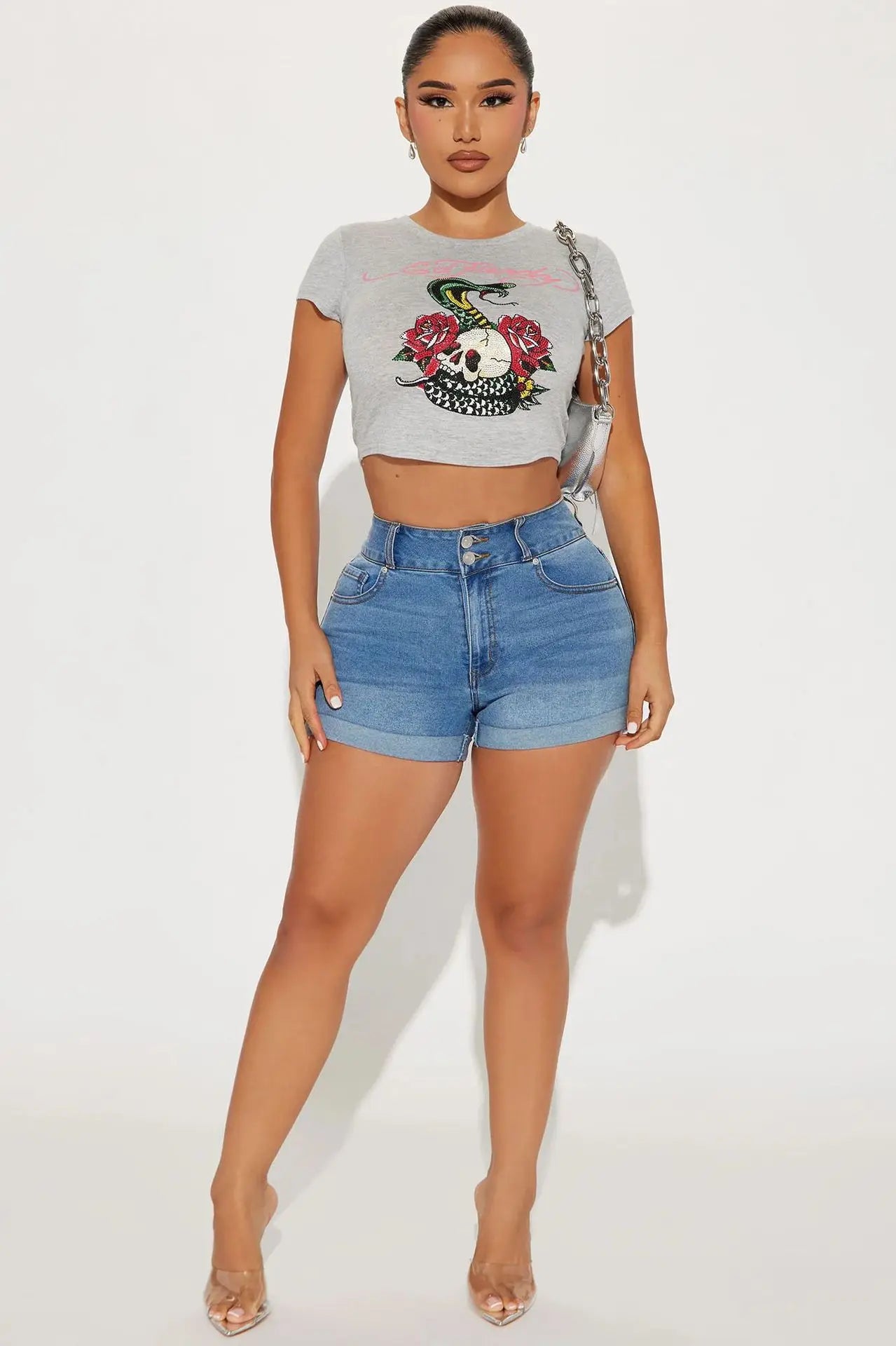 Women's Mid Blue Jeans Shorts New Plus Size Casual Solid Pattern Straight Style Elastic Waist Washed Denim for Summer