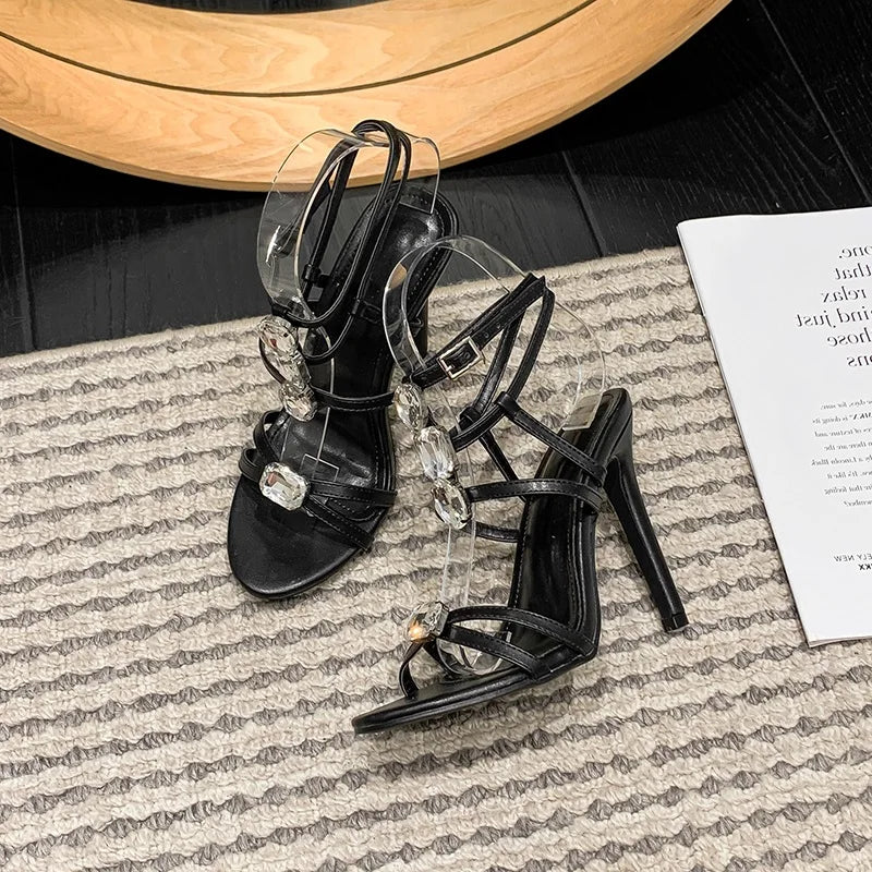 Sizes 35-42 French Fashion Open Toe Rhinestones Elegant Banquet Slim Heel Sandals