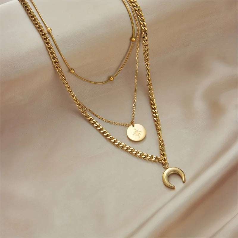 Stainless Steel Golden 3 Layer Shine Crescent Moon Pendant Necklace Women Trend Chain Neck Jewelry Gift