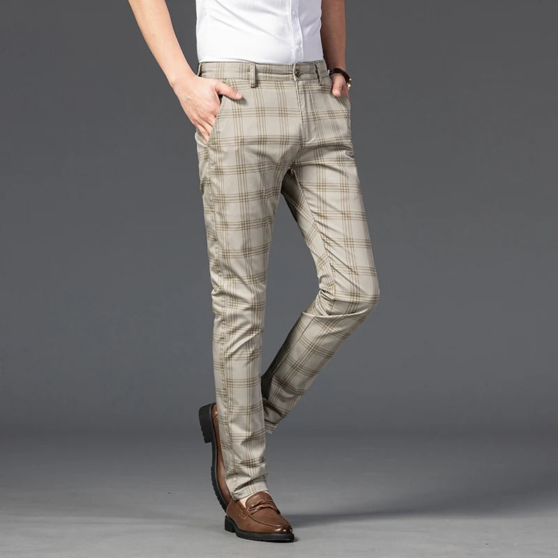 2025 Spring New Men's Plaid Casual Pants Business Fashion Slim Stretch Male Skinny Trousers Brand Clothes 7 Color
