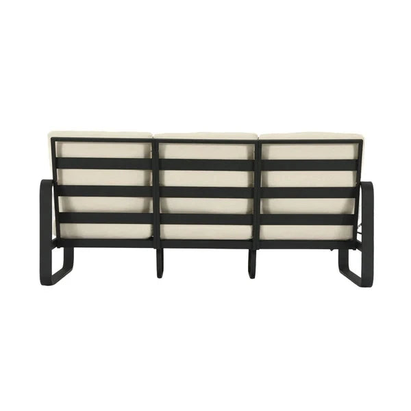 Outdoor 3 Seater Sofa Tall Back 62cm Oversized Seat Black Metal Frame Wood Armrests PET Fabric Cushions 330 LBS Patio Furniture